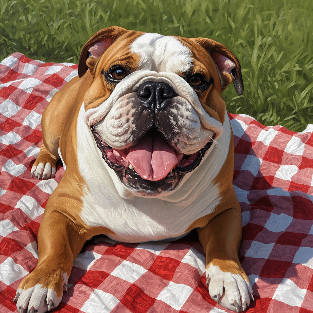 Bulldog on a Picnic Blanket