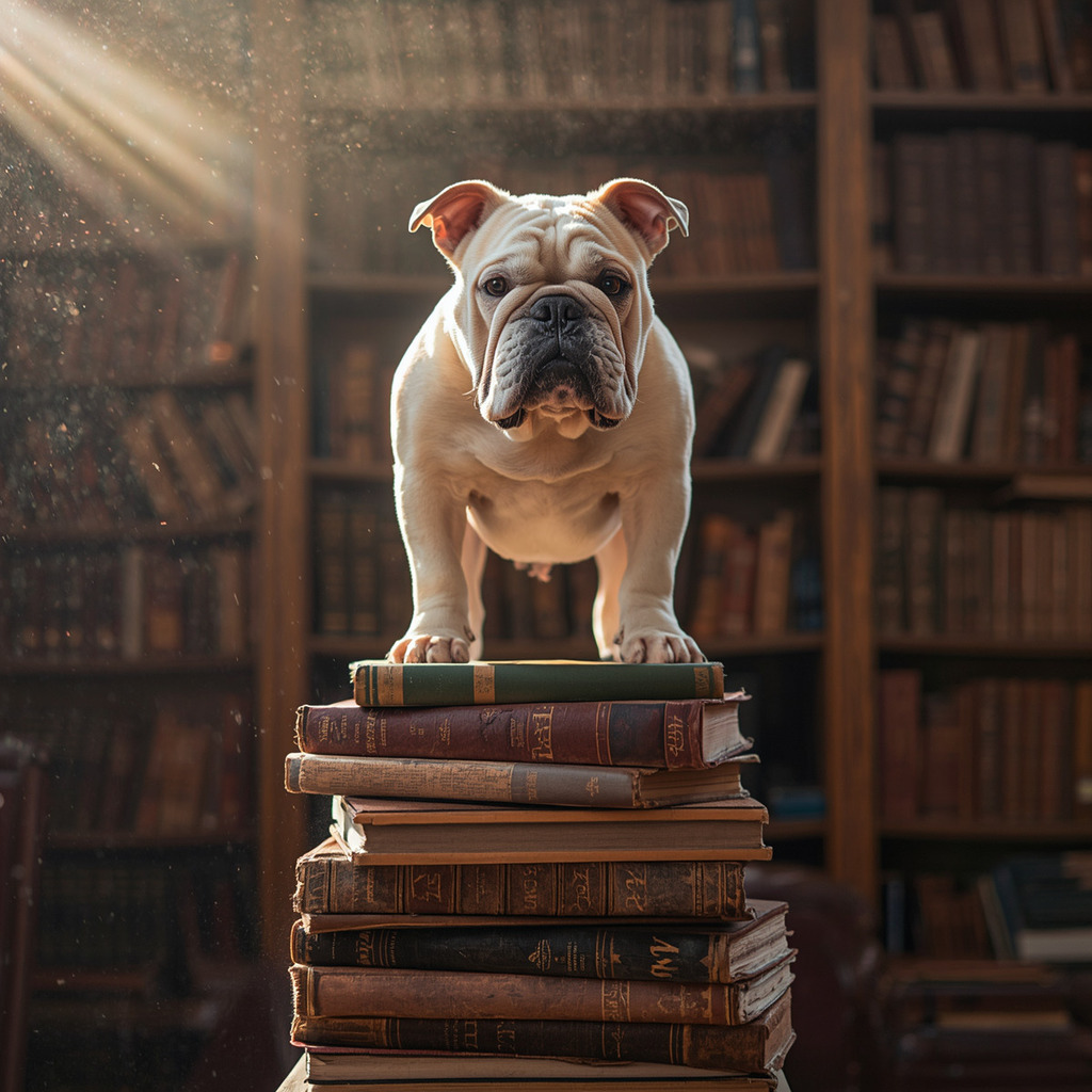 Bulldog standing on books