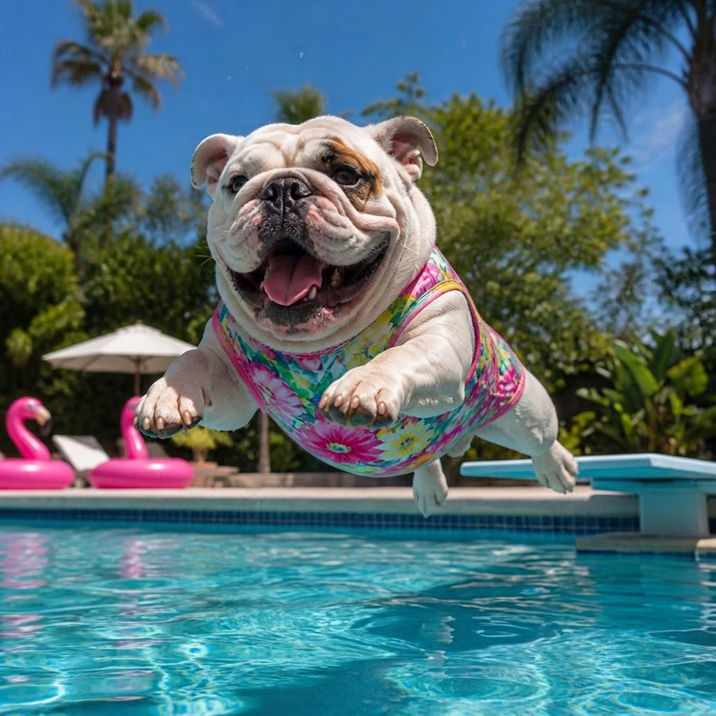 Bulldog jumping off a diving board into the pool