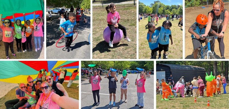 Collage of students doing activities like hula hooping, riding bikes, riding bouncy balls and playing under a parachute