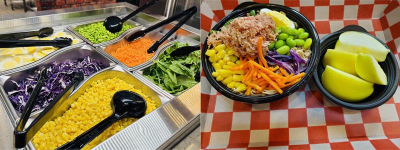 Fresh vegetables and a ramen bowls