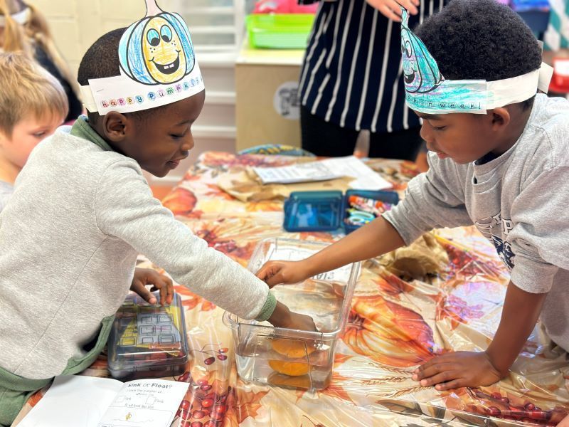 Two students investigating pumpkins