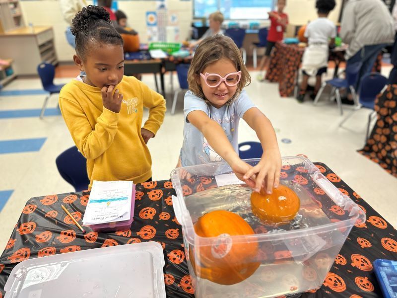 Two students testing if a pumpkin will float