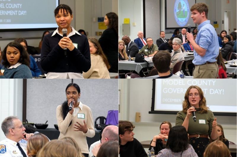 Collage of students talking into a microphone