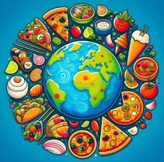 Earth surrounded by foods from world-wide cultures