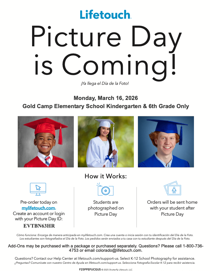Kindergarten & 6th Grade Continuation Picture  Day is on March 16, 2026