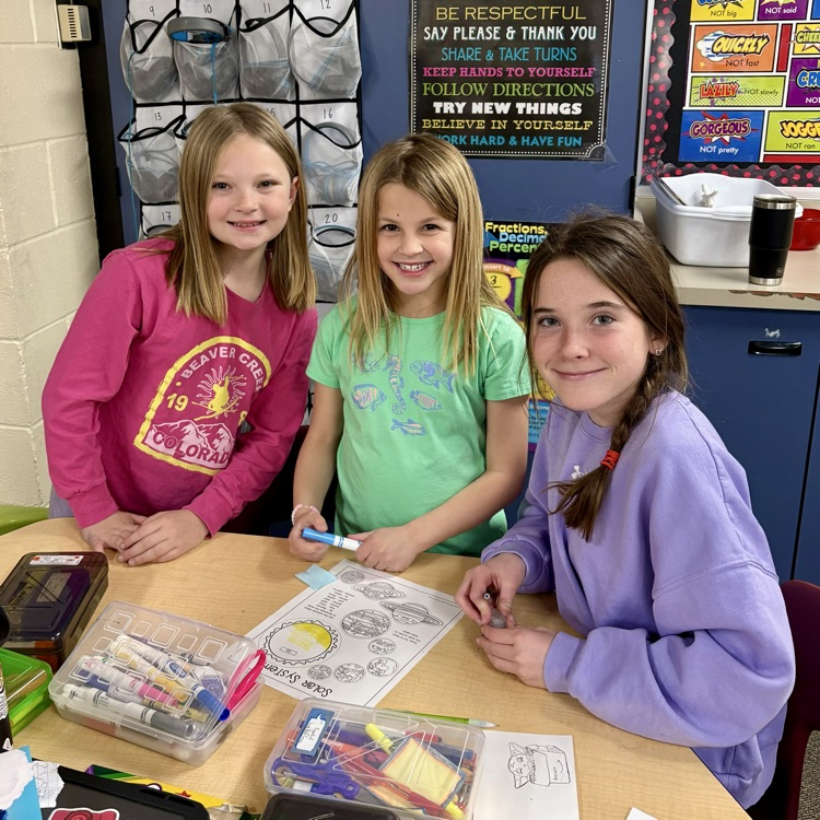 5th graders with their 1st grade buddies working on a special solar system project as part of Space Week at CME☀️🌖🌎🪐