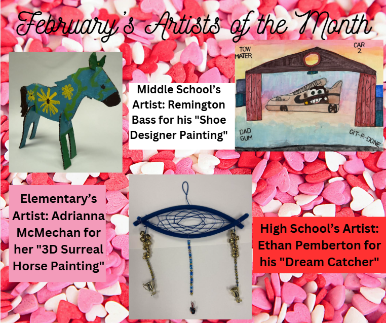 February Artists of the Month: Winners (Adrianna McMechan, Remington Bass, and Ethan Pemberton)
