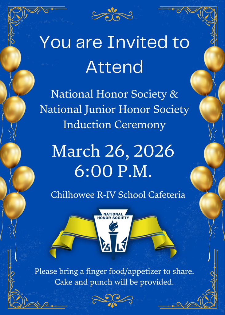 NHS/NJHS Induction Ceremony on March 26th at 6:00 PM in the cafeteria. Bring finger food/appetizer to share. Cake and punch provided.
