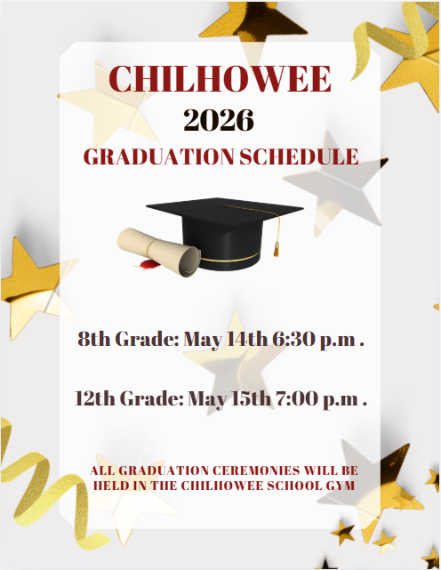 8th grade graduation on May 14th at 6:30 pm and 12th grade graduation May 15th at 7:00 pm