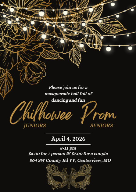 Prom on April 4, 2026 at Briar Creek Wedding and Event Venue in Centerview, MO from 8:00 - 11:00 pm.
