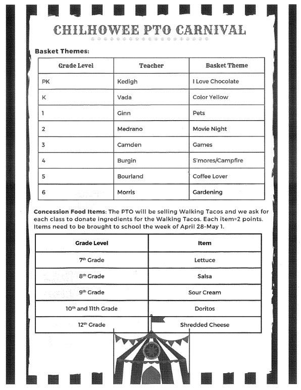 PTO Carnival basket themes and concession food items for our carnival on May 2nd.