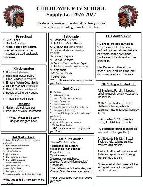 School Supply List for 2026-2027 Year