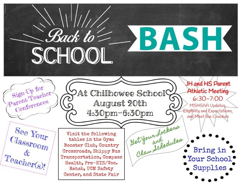 Back to School Bash on August 20th from 4:30 pm to 6:30 pm.