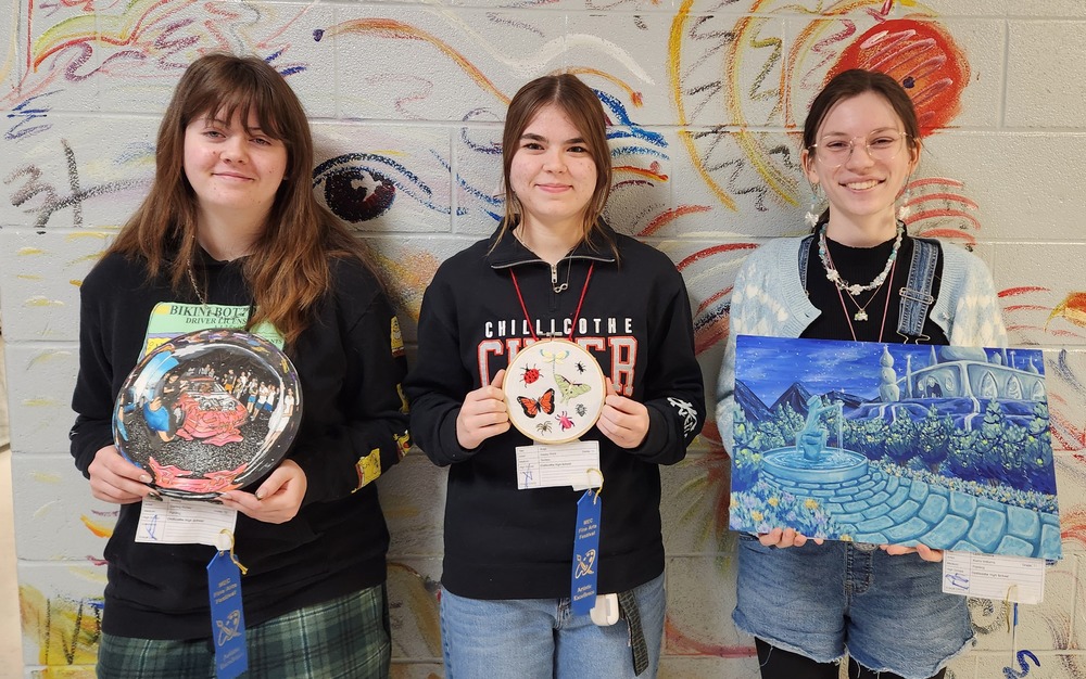 From left: Sterling Richey, Painting; Keeley Ward - Textiles; Kierra Williams - Painting. All three students earned Atistic Excellence awards at the MEC Fine Arts Festival over the weekend.