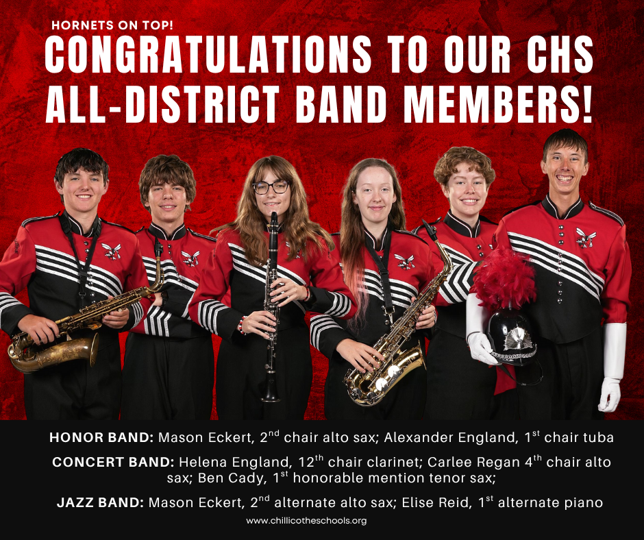 Congratulations to our CHS All-District Band Members! Hornets ono Top! Honor Band: Mason Eckert, 2nd chair alto sax; Alexander England, 1st chair tuba. Concert Band: Helena england, 12th chair clarinet; Carlee Regan, 4th chair alto sax; Ben Cady, 1st honorable mention tenor sax. Jazz Band: Mason Eckert, 2nd alternate alto sax; Elise Reid, 1st alternate piano. www.chillicotheschools.org