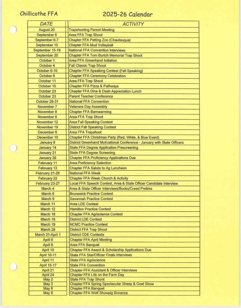 FFA Calendar of Activities