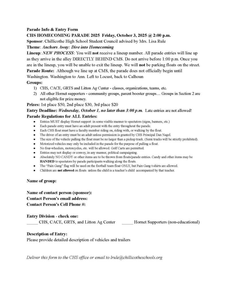 CHS Homecoming Parade Entry Form