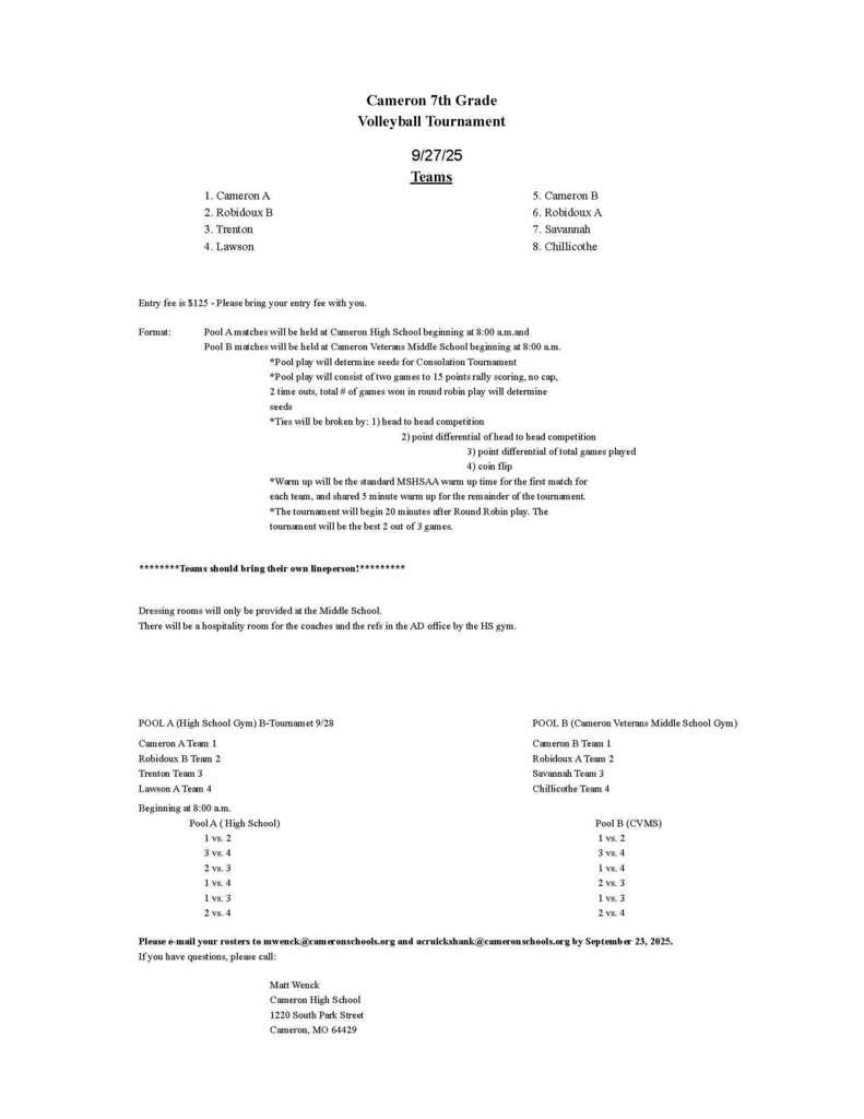 Cameron 7th Grade Volleyball Tournament Information