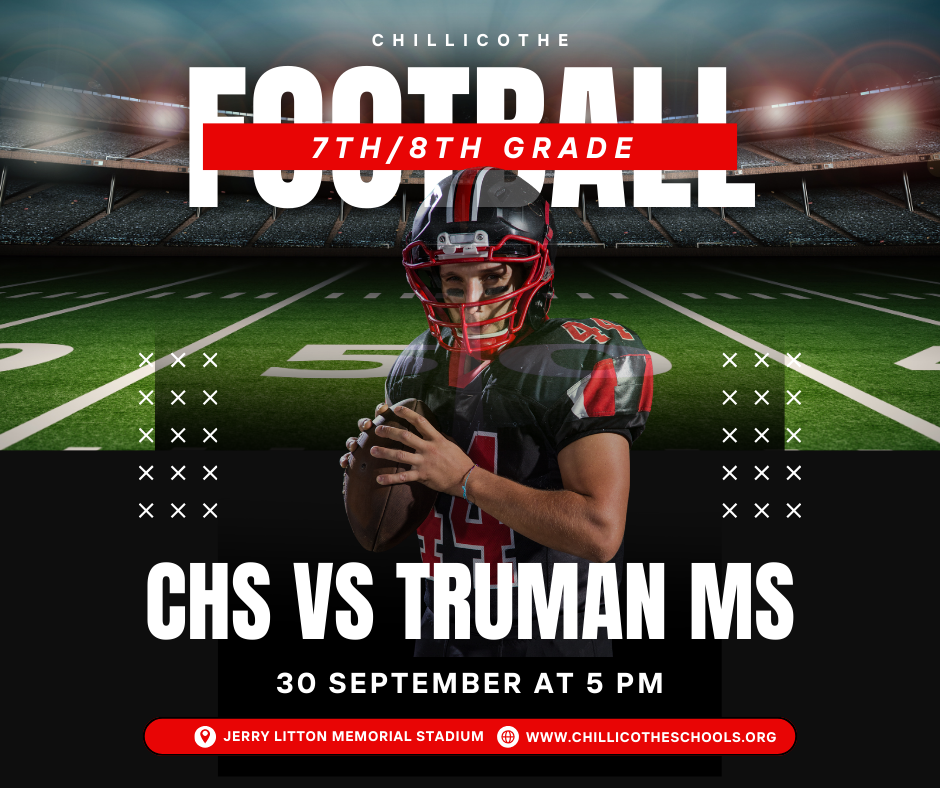 CMS 7th/8th Grade Football vs. Truman Middle School Tuesday, Sept. 30th at 5 PM.