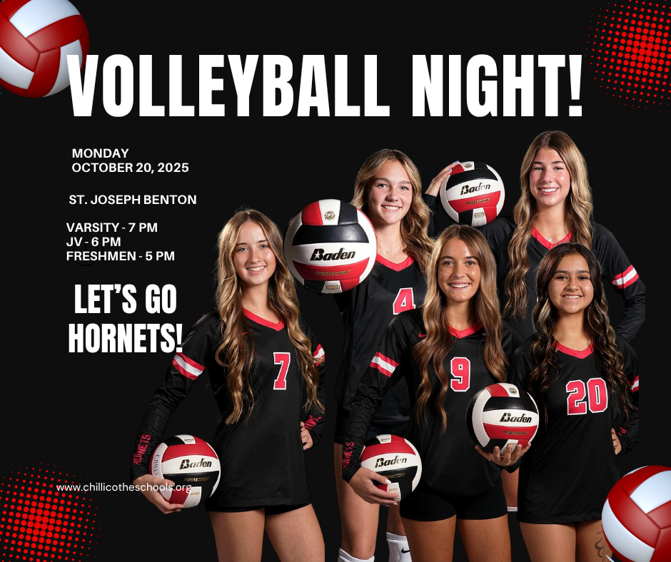 CHS Volleyball Night Monday, October 20, 2025 at St. Joseph Benton. Varsity - 7 PM, JV - 6 PM, Freshmen - 5 PM.