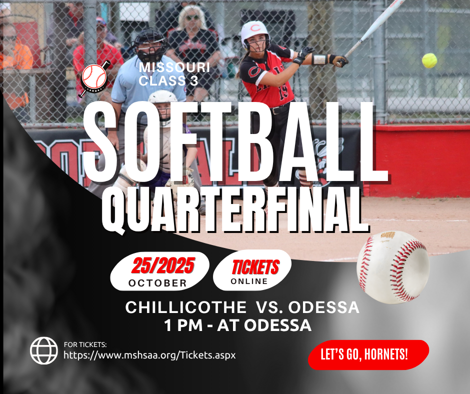 Class 3 Softball Quarterfinal Saturday, Oct. 25, 2025 at Odessa. CHS vs. Odessa. For Tickets: https://www.mshsaa.org/Tickets.aspx. Let's Go, Hornets!