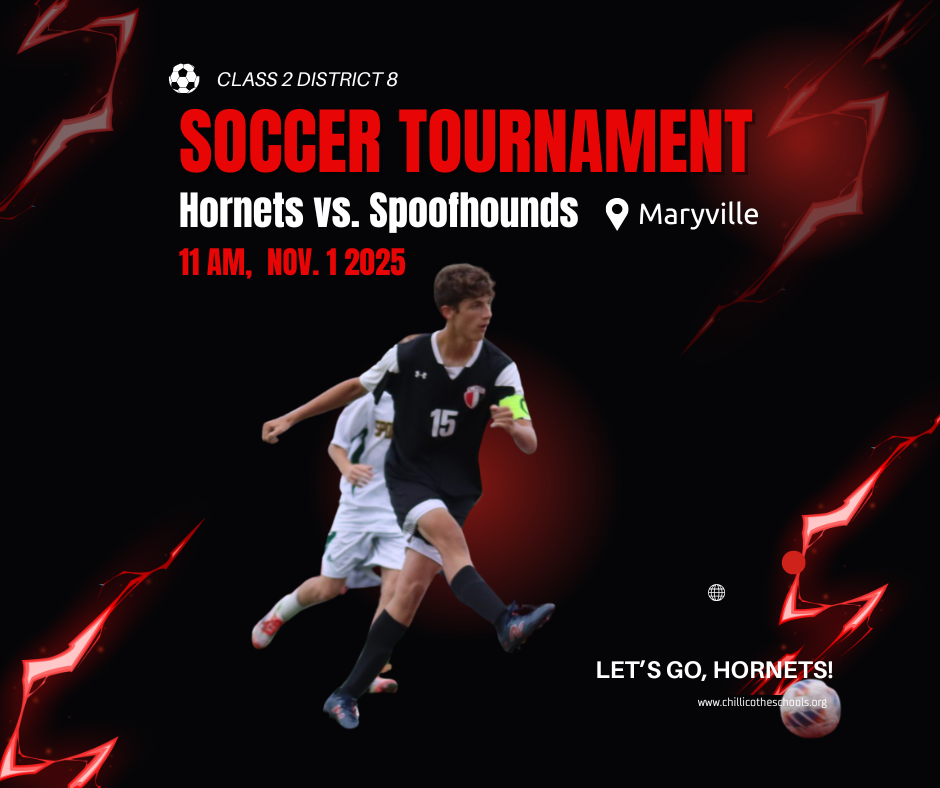 CHS Soccer Varsity Boys vs. Maryville Spoofhounds in the Class 2 District 8 Soccer Tournament. 11 AM, November 1 at Maryville. Let's Go, Hornets!
