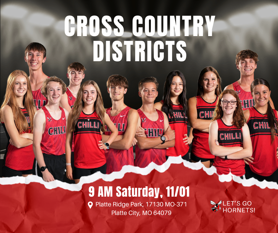 Cross Country Districts 9 AM Saturday, Nov. 1 at Platte Ridge Park, 17130 Platte City, MO 64079. Let's Go, Hornets!