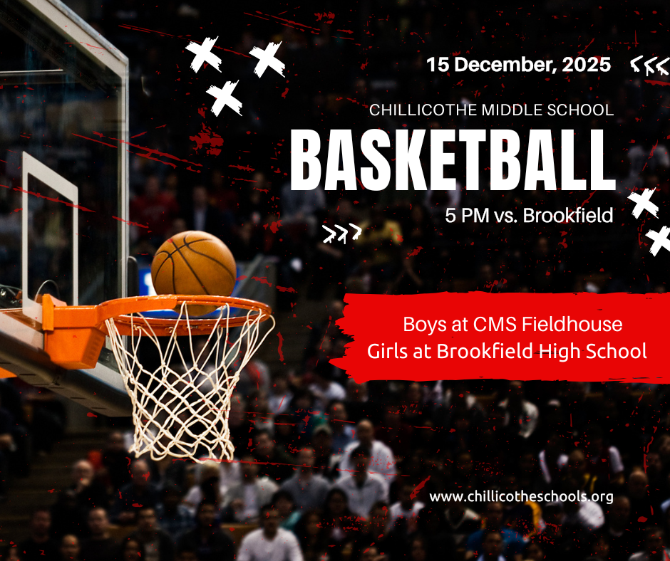 December 15, 2025. Chillicothe Middle School Basketball at 5 PM. Boys host Brookfield at CMS Fieldhouse – Girls head to Brookfield HS. B games tip at 5 PM, A games to follow. Let’s go, Hornets! 