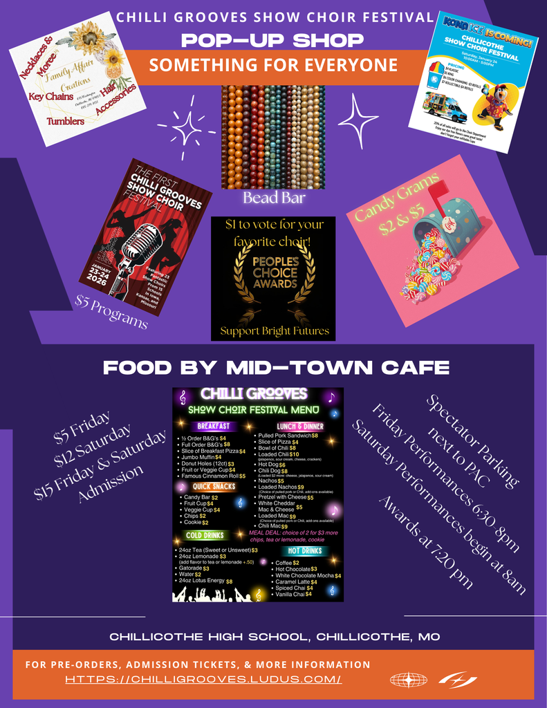 Chilli Grooves Show Choir Festival Jan. 23 & 24th featuring 15 schools and 23 choirs from Missouri, Kansas & Iowa. 