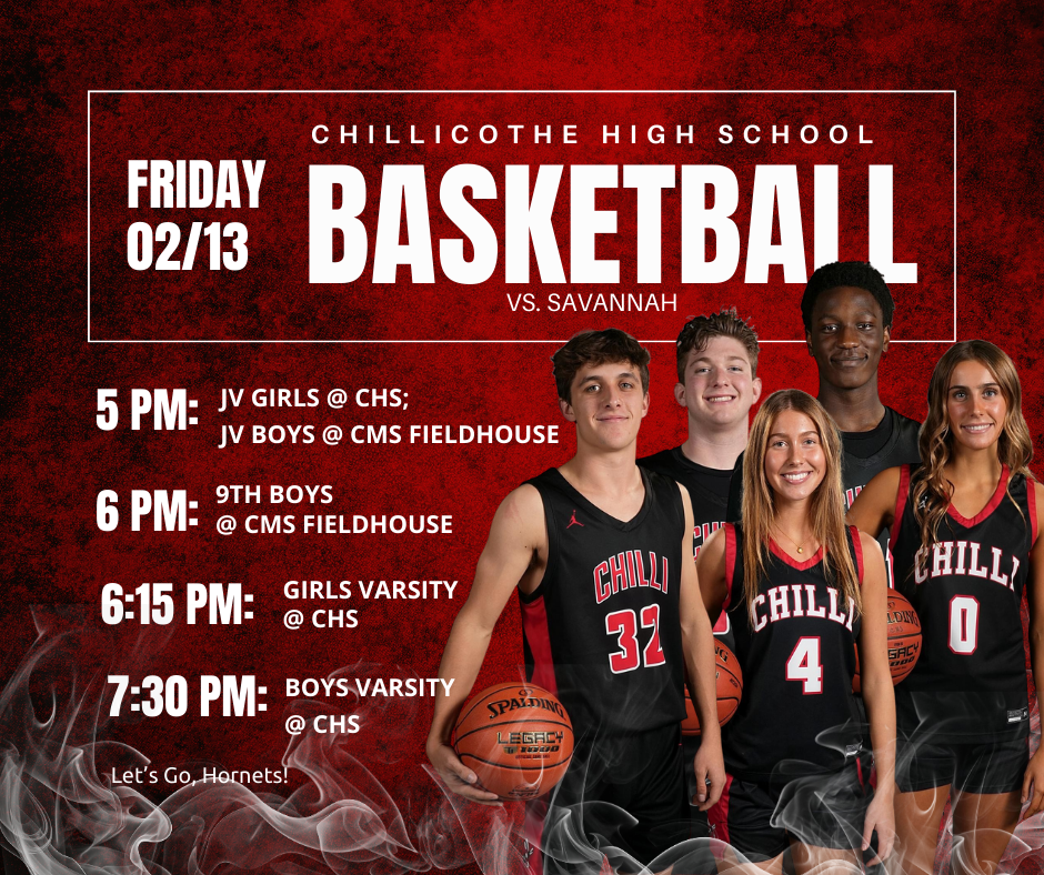 CHS Basketball vs. Savannah Friday, 02/13. 5 PM: JV Girlss at CHS; 5 PM: JV Boys at CMS Fieldhouse; 6 PM: 9th Boys at CMS Fieldhouse; 6:15 PM: Girls Varsity at CHS; 7:30 PM: Boys Varsity at CHS
