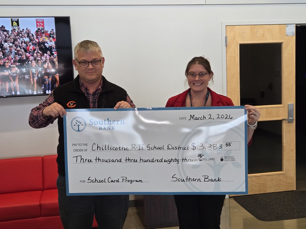 Southern Bank has donated $3,383.55 to the Chillicothe R-II School District as part of their School Card Program. Thank you!
