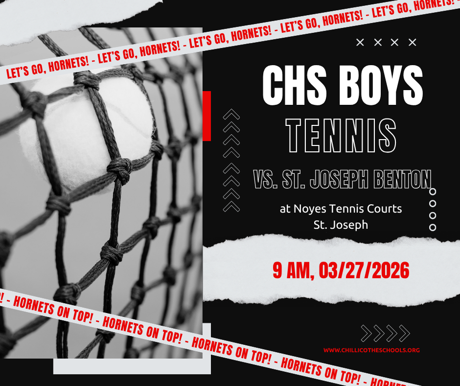Good luck to our CHS Varsity Boys Tennis team as you take on St. Joseph Benton this morning at the Noyes Tennis Courts in St. Joseph! Play hard, stay focused, and bring home the win. Go Hornets!
