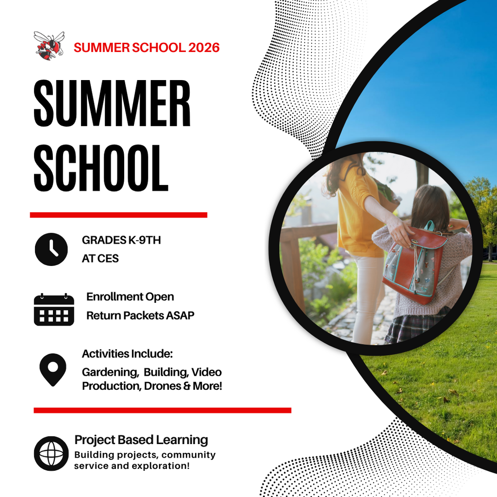 Chillicothe R-II Summer School. Grades K-9th at CES. Enrollment Open. Return ackets ASAP. Activites Include: Gardening, Building, Video Production, Drones & More. Project Based Learning. Building projects, community service and exploration!