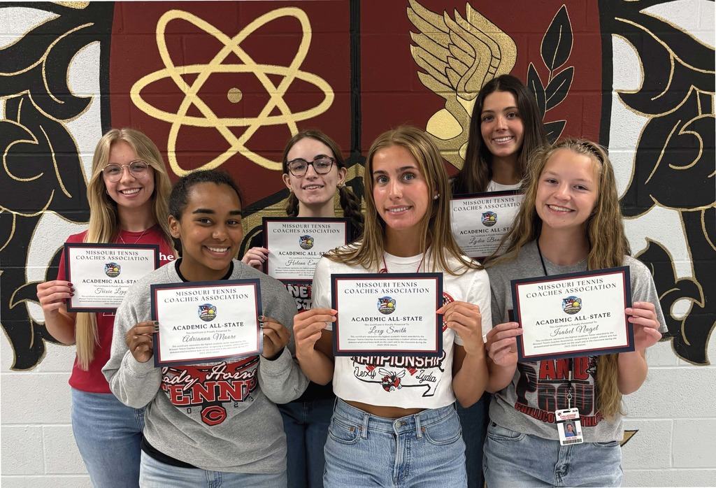 Congratulations to six CHS varsity tennis Lady Hornets on earning the state’s first-ever Academic All-State Honors. The 2026 Missouri Tennis Coaches’ Association established criteria for this honor including 1) varsity player; 2) individual GPA of 3.7+; and 3) team GPA of 3.41+.   Pictured from left to right:   Senior Trixie Leppin, Junior Anya Moore, Senior Helena England, Sophomore Lexy Smith, Junior Lydia Bonderer, & Freshman Isabel Nagel 