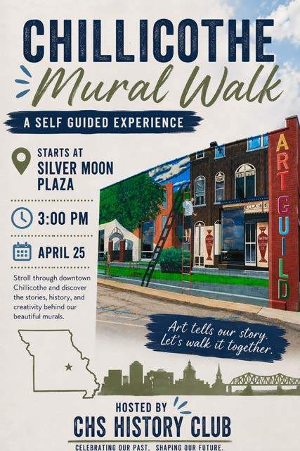 Explore downtown Chillicothe in a whole new way! The CHS History Club is inviting local history fans to a self-guided Mural Walk—meet at Silver Moon Plaza tomorrow (Sat., April 25) at 3:00 PM, then enjoy the murals and the stories behind them as you go.