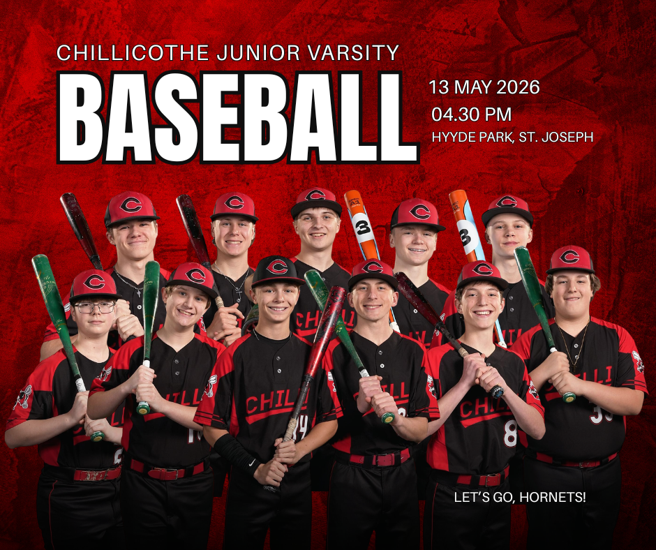 Good luck to the Chillicothe High School JV Baseball team as you take on St. Joseph Benton in a doubleheader today! First pitch at 4:30 PM at Hyde Park—let’s go, Hornets! ⚾️ #GoHornets