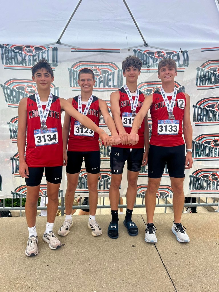Mason Walter, Jace Collins, Landen Longo and Luke Thompson at the State Track Meet after earning 4th place in Class 3 in the 4x800m!