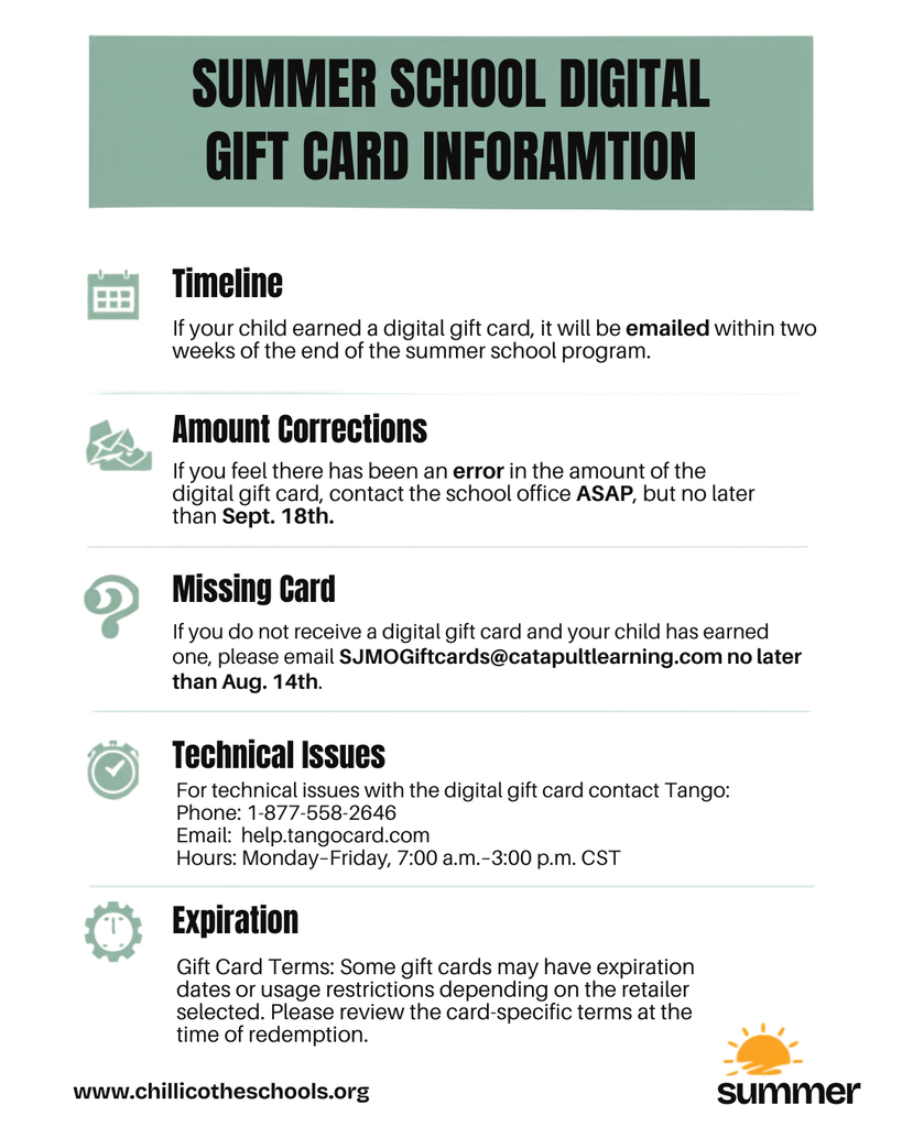 Digital gift cards earned in Summer School will be emailed within 2 weeks after the program ends. Amount questions? Contact your school office by Sept. 18. Didn’t receive it? Email SJMOGiftcards@catapultlearning.com by Aug. 14. Tech help: Tango 1-877-558-2646.