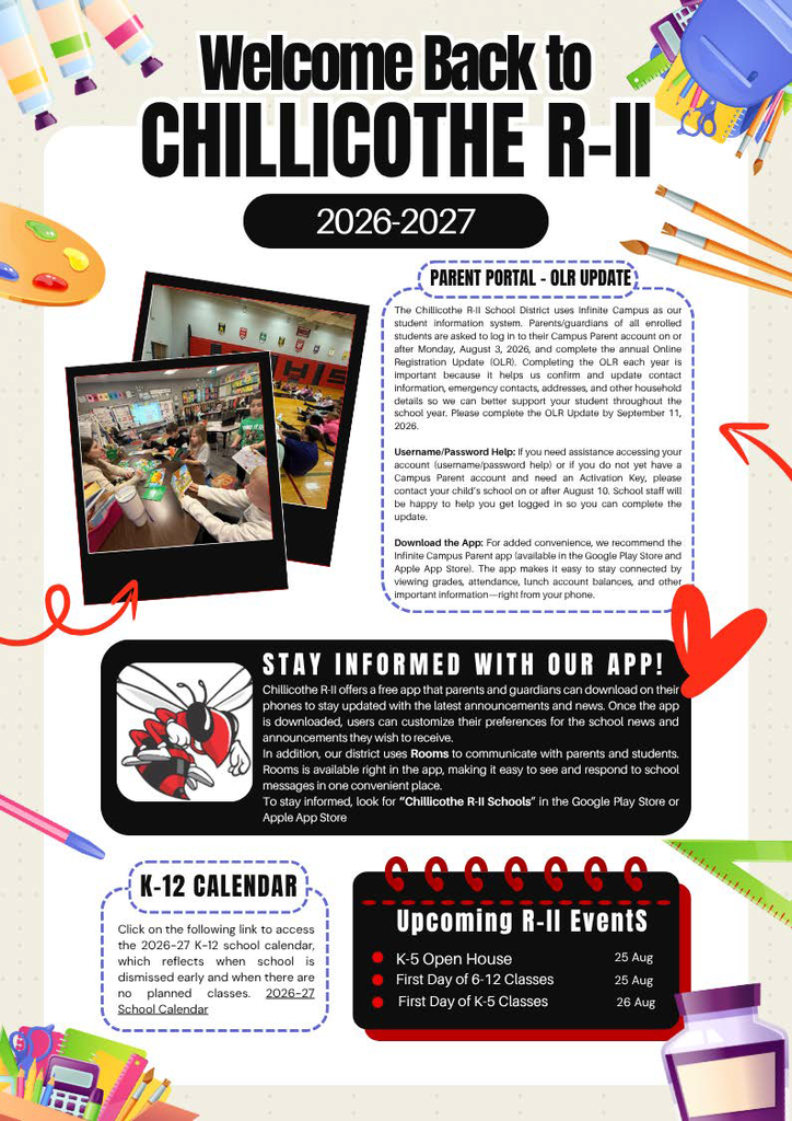 Welcome back to Chillicothe R-II Newsletter with Dates and times of upcoming back to school events.
