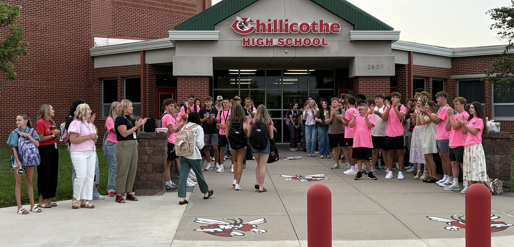 CHS Student Council members clapping as CHS students enter the high school this morning for the first day of school for 2026-27.