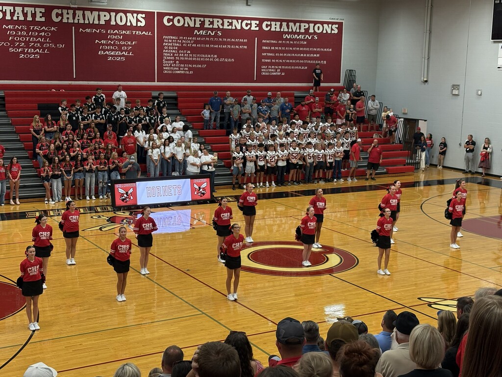 The CHS Cheerleaders lead a cheer during the CHS Meet the Hornets last night.