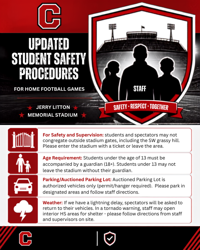 Updated Student Saety Procedures: Please don’t congregate outside the stadium (we’ll have signage along the hill). Fans under 13 must be with an adult when entering/leaving. We’ll have 2 extra SROs the first few games. Students may move around inside the stadium as long as school rules are followed. See you there—Go Hornets!