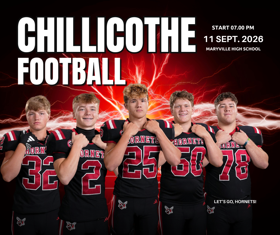 Chillicothe Football Sept. 11, 7 PM at Maryville. Start at 7 PM at Maryville High School. David Geiser, Jett Sewell, Paxton Keith, Sam Wiebers, Brendan Gardner.