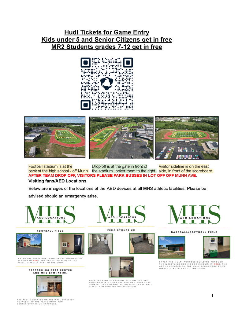 HUDL Tickets for Game Entry. Kids undder 5 and Senior Citizens get in free. Parking information.