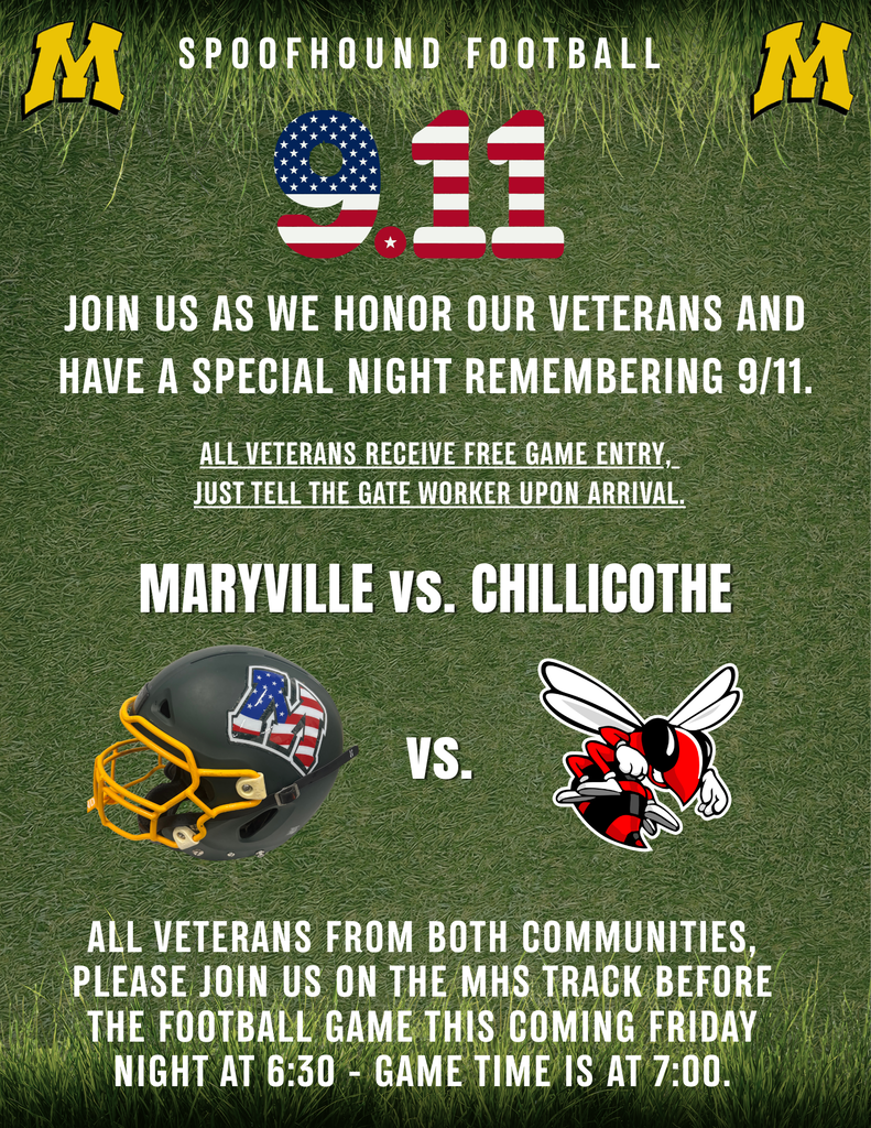 All Veterans from both communities are asked to join us on the MHS Track before the football game this coming Friday night at 6:30 PM. Game time is at 7 PM. Join us as we honor our veterans and have a special night remembering 9/11