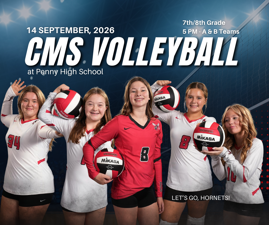 A sports graphic showing a volleyball net in the background. Sept. 14, 2026, 7th & 8th Grade A & B Teams at 5 PM at Penny High School.  Avery Ballard, Annabelle Beetsma, Anna Cady, Meekah Anderson, Maycee Caselman.