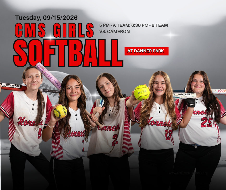 Tuesday, Sept. 15, 2026 CMS Girls Softball. 5 PM - A Team; 6:30 PM - B Team vs. Cameron at Danner Park. Adrienne Frost, Gentr Gabrielson, Kandie Frost, Paisley Gilliland, Leyah Gormley.
