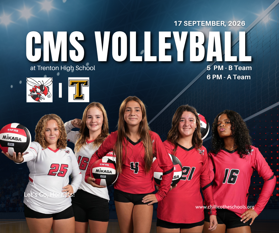 A sports graphic promoting today's CMS volleyball games at Trenton. B Team is at 5 PM, A Team is at 6 PM at the Trenton High School. Ella Dixon, Pepper Gilliam, Charlie Gray, Ali Gratton and Hattie Hays.