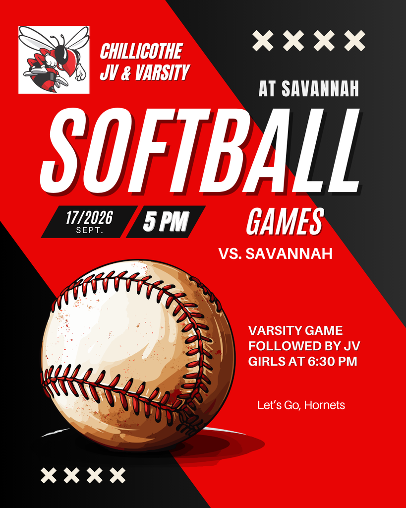 A sports graphic promoting today's softball games at Savannah. CHS Varsity at 5 PM followed by JV at 6:30 PM. Let's Go, Hornets!